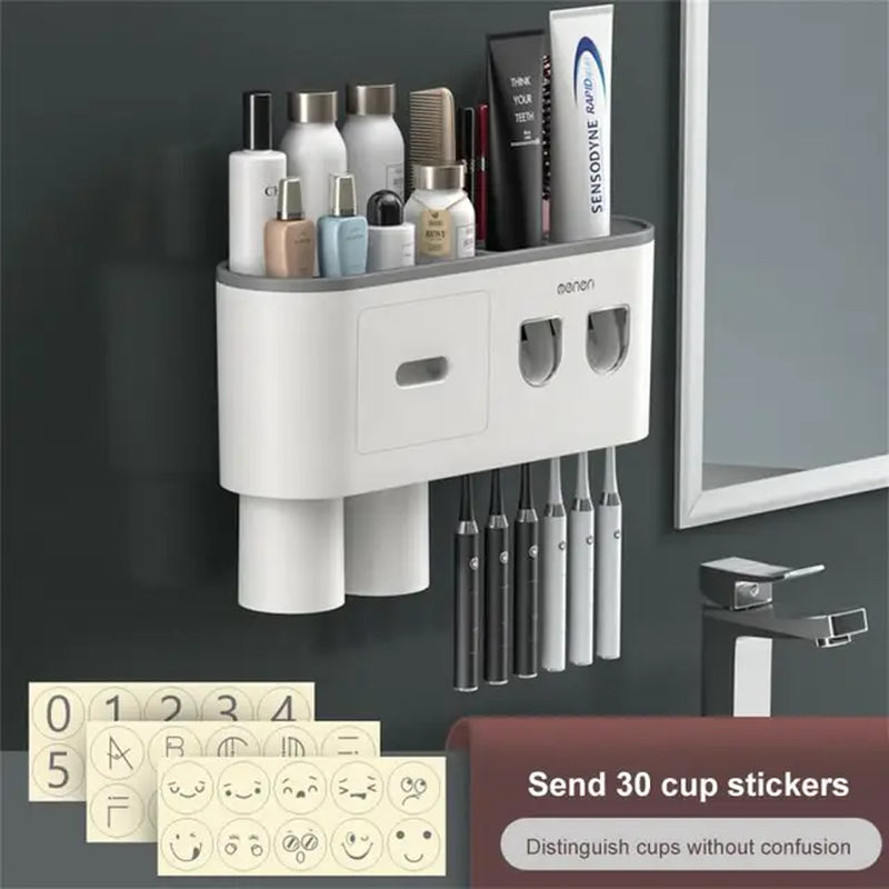 Magnetic Adsorption Toothbrush Holder 4Cups Waterproof Storage Box Toothpaste Dispenser Wall Mounted Bathroom Accessories