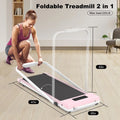 2 in 1 Folding Walking Pad,Handrail under Desk Treadmill,265Lbs Capacity 0-6.25MPH with Remote Control,No Assembly Required Mini Portable Treadmill for Home,Gym(Pink)