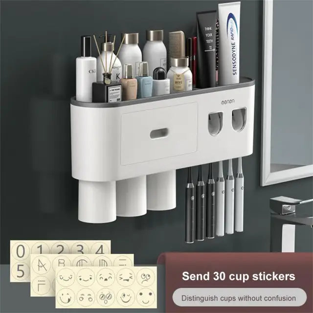 Magnetic Adsorption Toothbrush Holder 4Cups Waterproof Storage Box Toothpaste Dispenser Wall Mounted Bathroom Accessories