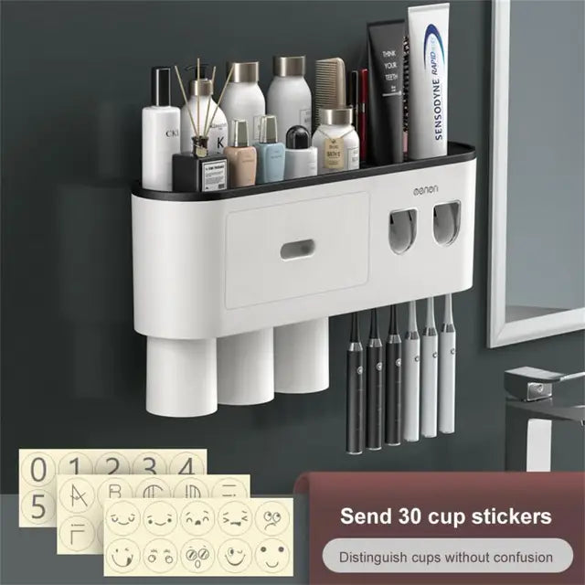 Magnetic Adsorption Toothbrush Holder 4Cups Waterproof Storage Box Toothpaste Dispenser Wall Mounted Bathroom Accessories