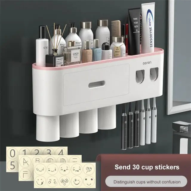 Magnetic Adsorption Toothbrush Holder 4Cups Waterproof Storage Box Toothpaste Dispenser Wall Mounted Bathroom Accessories