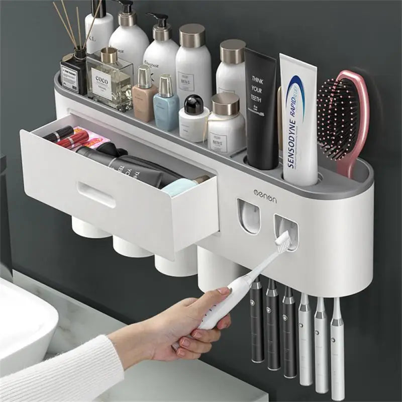 Magnetic Adsorption Toothbrush Holder 4Cups Waterproof Storage Box Toothpaste Dispenser Wall Mounted Bathroom Accessories