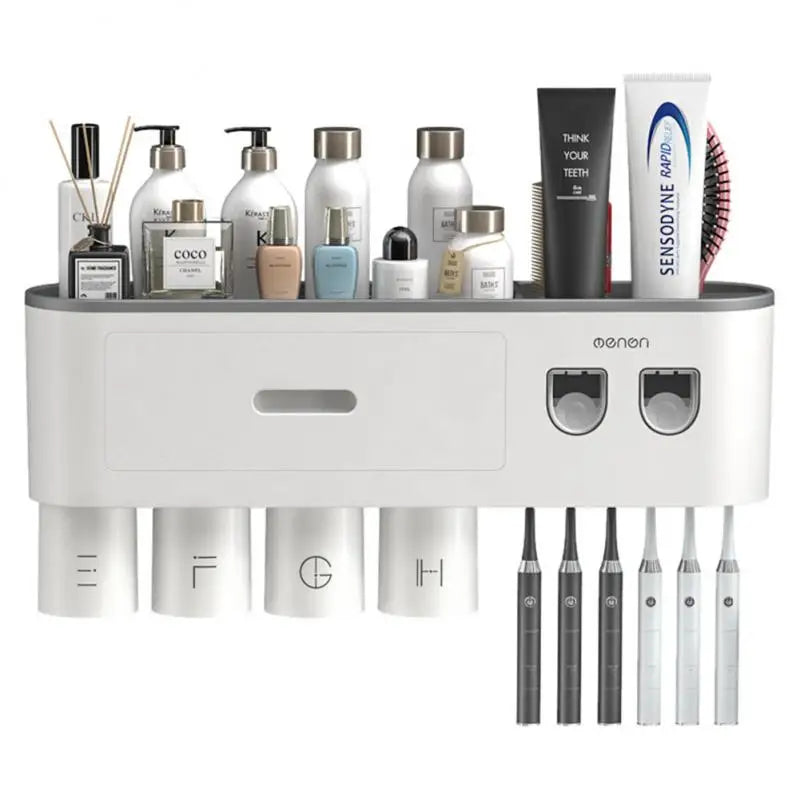 Magnetic Adsorption Toothbrush Holder 4Cups Waterproof Storage Box Toothpaste Dispenser Wall Mounted Bathroom Accessories